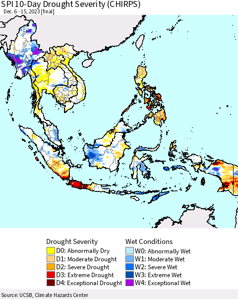 South East Asia SPI 10-Day Drought Severity (CHIRPS) Thematic Map For 12/6/2023 - 12/15/2023