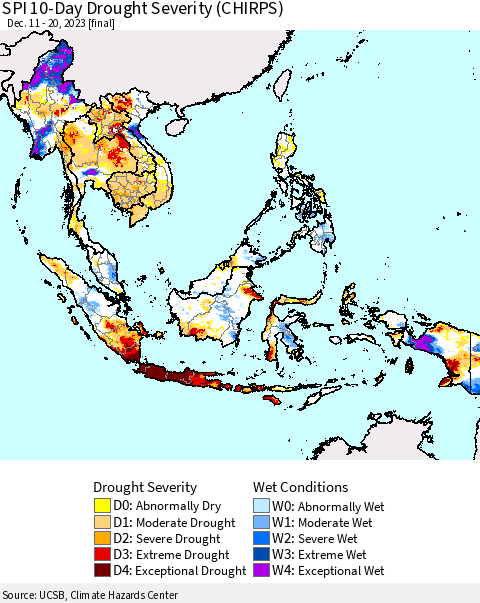 South East Asia SPI 10-Day Drought Severity (CHIRPS) Thematic Map For 12/11/2023 - 12/20/2023