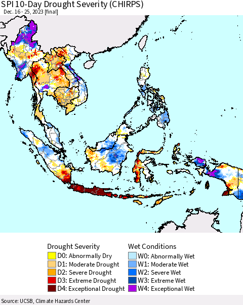 South East Asia SPI 10-Day Drought Severity (CHIRPS) Thematic Map For 12/16/2023 - 12/25/2023