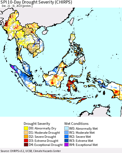South East Asia SPI 10-Day Drought Severity (CHIRPS) Thematic Map For 12/21/2023 - 12/31/2023