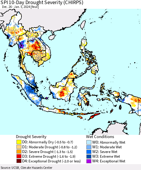 South East Asia SPI 10-Day Drought Severity (CHIRPS) Thematic Map For 12/26/2023 - 1/5/2024