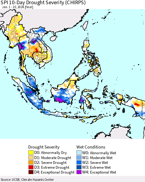 South East Asia SPI 10-Day Drought Severity (CHIRPS) Thematic Map For 1/1/2024 - 1/10/2024