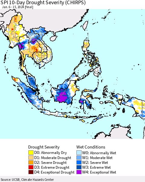 South East Asia SPI 10-Day Drought Severity (CHIRPS) Thematic Map For 1/6/2024 - 1/15/2024