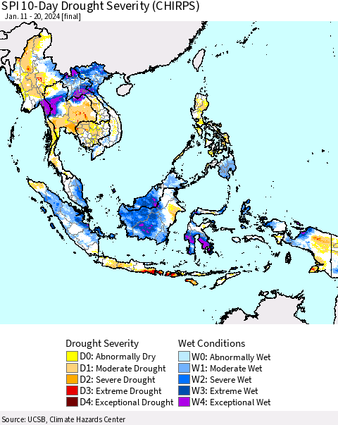 South East Asia SPI 10-Day Drought Severity (CHIRPS) Thematic Map For 1/11/2024 - 1/20/2024