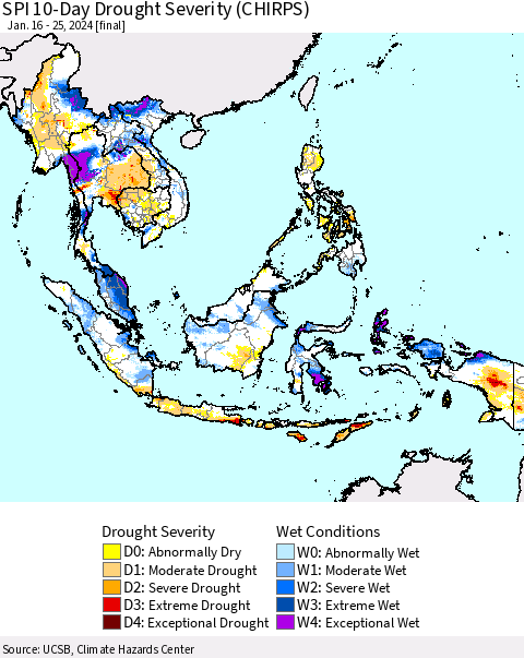 South East Asia SPI 10-Day Drought Severity (CHIRPS) Thematic Map For 1/16/2024 - 1/25/2024