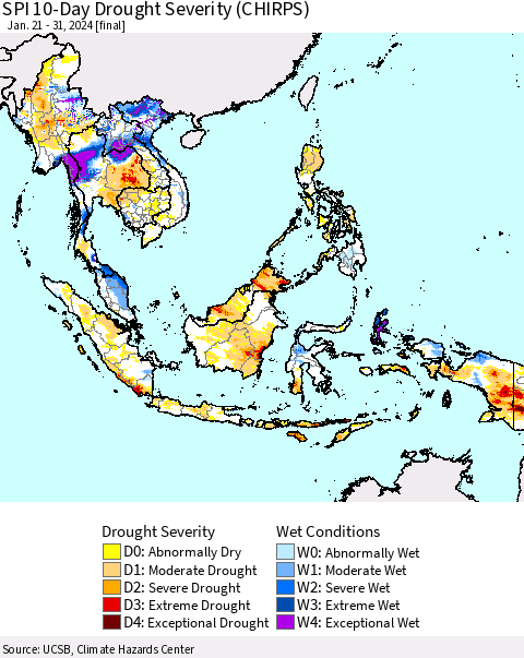 South East Asia SPI 10-Day Drought Severity (CHIRPS) Thematic Map For 1/21/2024 - 1/31/2024