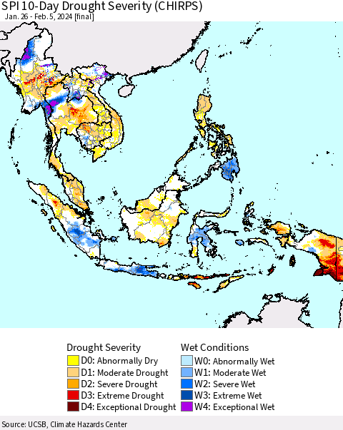 South East Asia SPI 10-Day Drought Severity (CHIRPS) Thematic Map For 1/26/2024 - 2/5/2024