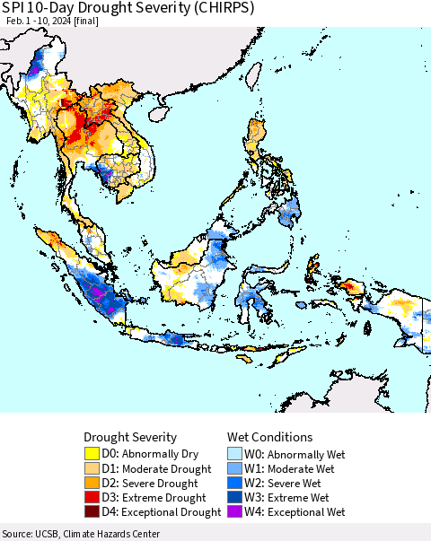 South East Asia SPI 10-Day Drought Severity (CHIRPS) Thematic Map For 2/1/2024 - 2/10/2024