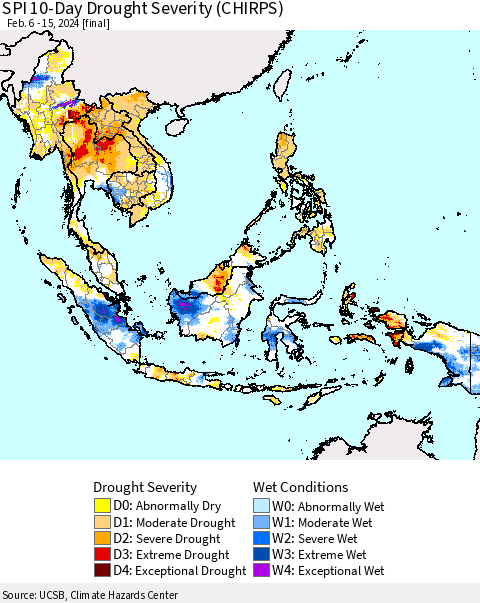 South East Asia SPI 10-Day Drought Severity (CHIRPS) Thematic Map For 2/6/2024 - 2/15/2024