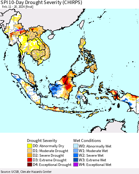 South East Asia SPI 10-Day Drought Severity (CHIRPS) Thematic Map For 2/11/2024 - 2/20/2024