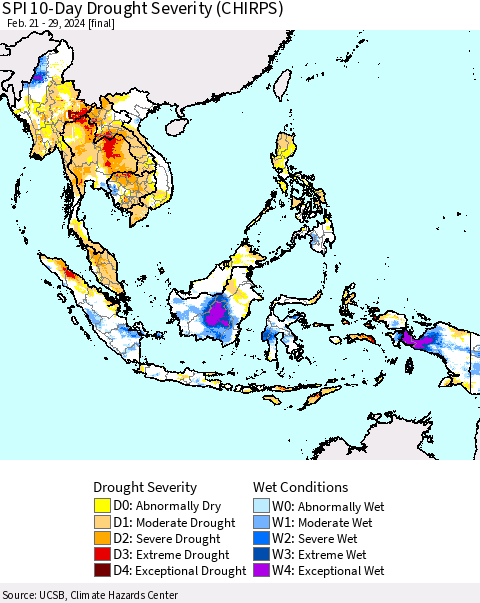 South East Asia SPI 10-Day Drought Severity (CHIRPS) Thematic Map For 2/21/2024 - 2/29/2024