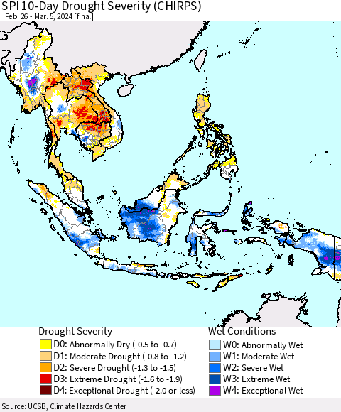 South East Asia SPI 10-Day Drought Severity (CHIRPS) Thematic Map For 2/26/2024 - 3/5/2024