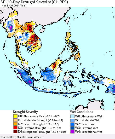 South East Asia SPI 10-Day Drought Severity (CHIRPS) Thematic Map For 3/1/2024 - 3/10/2024