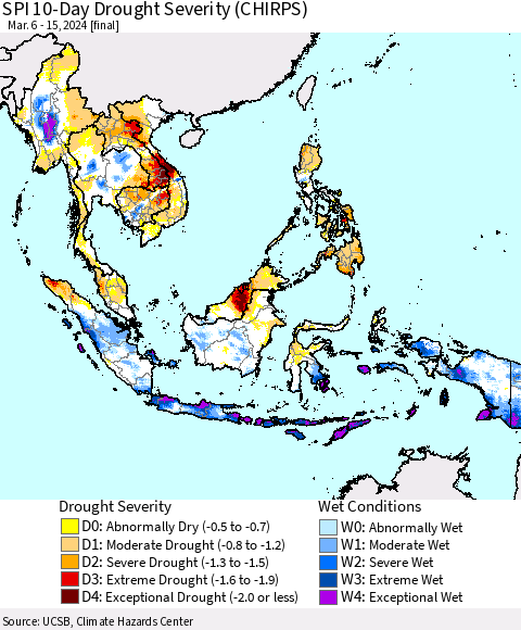 South East Asia SPI 10-Day Drought Severity (CHIRPS) Thematic Map For 3/6/2024 - 3/15/2024