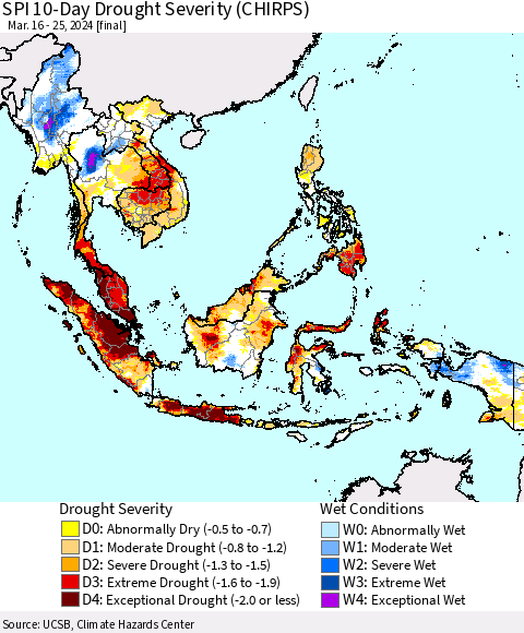 South East Asia SPI 10-Day Drought Severity (CHIRPS) Thematic Map For 3/16/2024 - 3/25/2024
