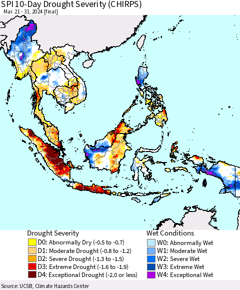 South East Asia SPI 10-Day Drought Severity (CHIRPS) Thematic Map For 3/21/2024 - 3/31/2024