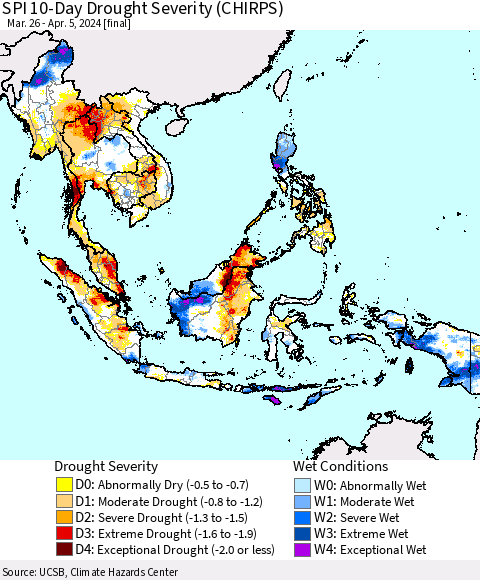 South East Asia SPI 10-Day Drought Severity (CHIRPS) Thematic Map For 3/26/2024 - 4/5/2024