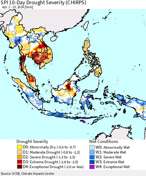 South East Asia SPI 10-Day Drought Severity (CHIRPS) Thematic Map For 4/1/2024 - 4/10/2024