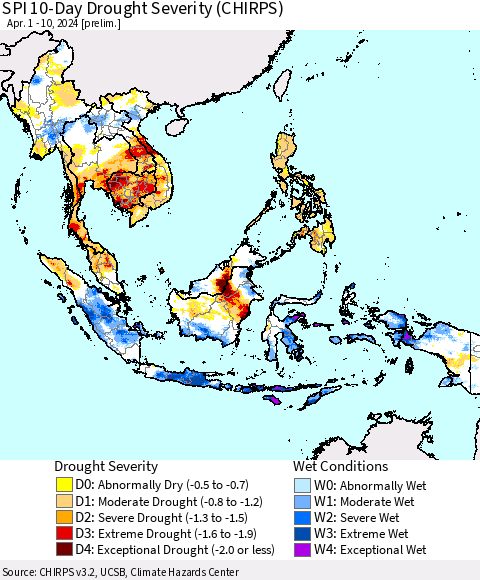 South East Asia SPI 10-Day Drought Severity (CHIRPS) Thematic Map For 4/1/2024 - 4/10/2024