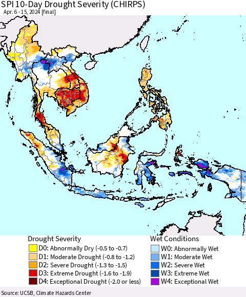 South East Asia SPI 10-Day Drought Severity (CHIRPS) Thematic Map For 4/6/2024 - 4/15/2024