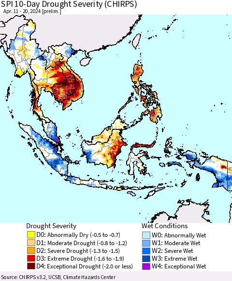 South East Asia SPI 10-Day Drought Severity (CHIRPS) Thematic Map For 4/11/2024 - 4/20/2024