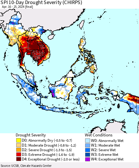 South East Asia SPI 10-Day Drought Severity (CHIRPS) Thematic Map For 4/16/2024 - 4/25/2024