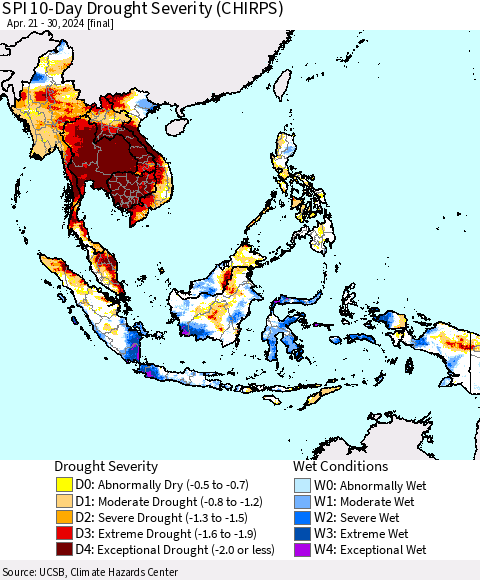 South East Asia SPI 10-Day Drought Severity (CHIRPS) Thematic Map For 4/21/2024 - 4/30/2024