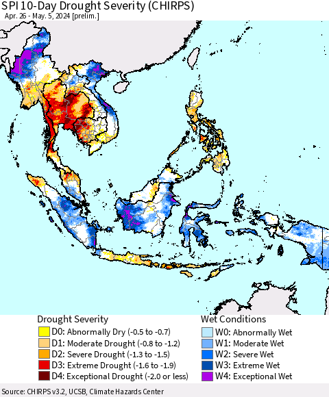 South East Asia SPI 10-Day Drought Severity (CHIRPS) Thematic Map For 4/26/2024 - 5/5/2024