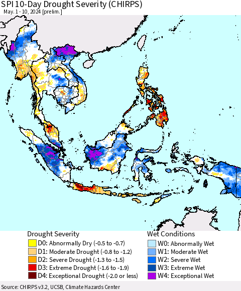 South East Asia SPI 10-Day Drought Severity (CHIRPS) Thematic Map For 5/1/2024 - 5/10/2024