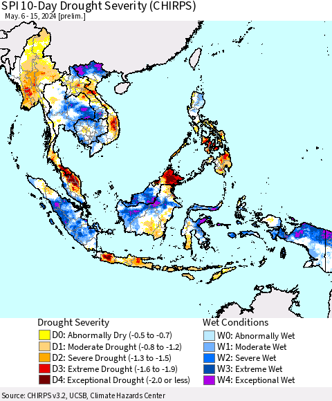 South East Asia SPI 10-Day Drought Severity (CHIRPS) Thematic Map For 5/6/2024 - 5/15/2024