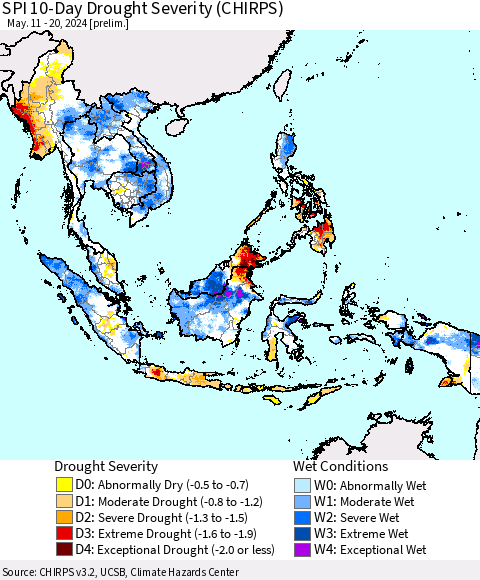 South East Asia SPI 10-Day Drought Severity (CHIRPS) Thematic Map For 5/11/2024 - 5/20/2024