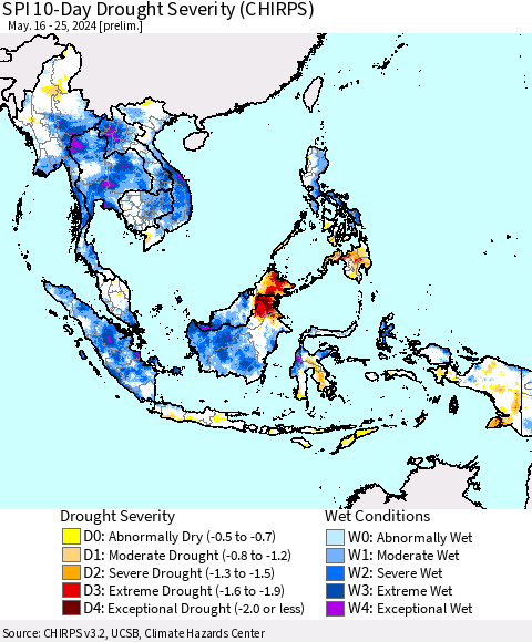 South East Asia SPI 10-Day Drought Severity (CHIRPS) Thematic Map For 5/16/2024 - 5/25/2024
