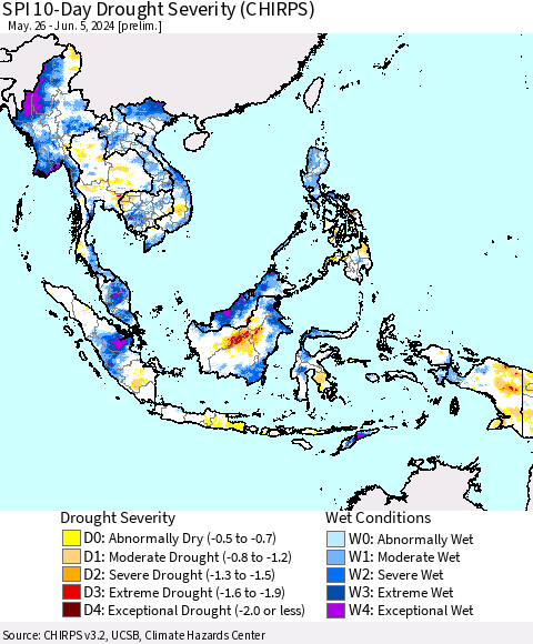 South East Asia SPI 10-Day Drought Severity (CHIRPS) Thematic Map For 5/26/2024 - 6/5/2024