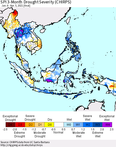 South East Asia SPI 3-Month Drought Severity (CHIRPS) Thematic Map For 1/6/2021 - 4/5/2021