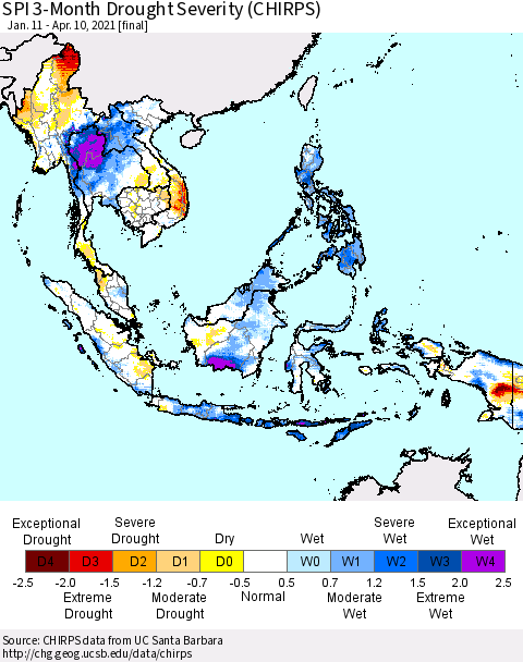 South East Asia SPI 3-Month Drought Severity (CHIRPS) Thematic Map For 1/11/2021 - 4/10/2021