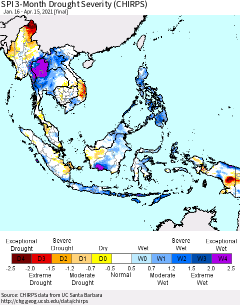 South East Asia SPI 3-Month Drought Severity (CHIRPS) Thematic Map For 1/16/2021 - 4/15/2021