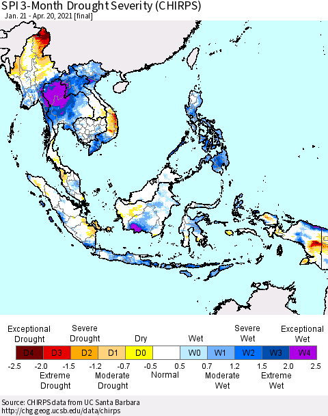 South East Asia SPI 3-Month Drought Severity (CHIRPS) Thematic Map For 1/21/2021 - 4/20/2021