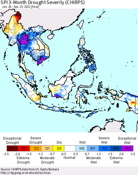 South East Asia SPI 3-Month Drought Severity (CHIRPS) Thematic Map For 1/26/2021 - 4/25/2021