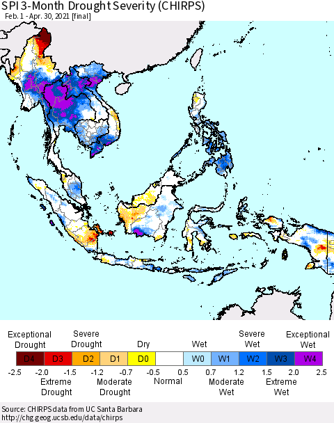 South East Asia SPI 3-Month Drought Severity (CHIRPS) Thematic Map For 2/1/2021 - 4/30/2021