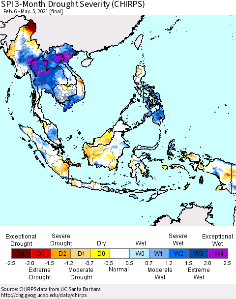 South East Asia SPI 3-Month Drought Severity (CHIRPS) Thematic Map For 2/6/2021 - 5/5/2021