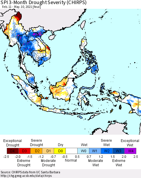 South East Asia SPI 3-Month Drought Severity (CHIRPS) Thematic Map For 2/11/2021 - 5/10/2021