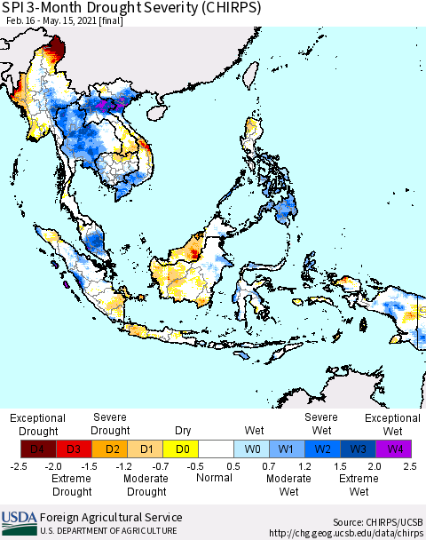 South East Asia SPI 3-Month Drought Severity (CHIRPS) Thematic Map For 2/16/2021 - 5/15/2021