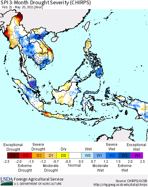South East Asia SPI 3-Month Drought Severity (CHIRPS) Thematic Map For 2/21/2021 - 5/20/2021