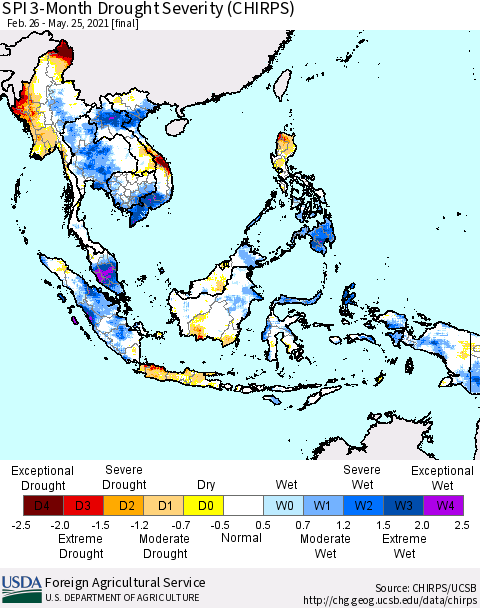 South East Asia SPI 3-Month Drought Severity (CHIRPS) Thematic Map For 2/26/2021 - 5/25/2021