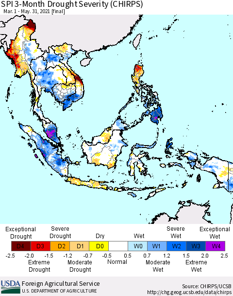 South East Asia SPI 3-Month Drought Severity (CHIRPS) Thematic Map For 3/1/2021 - 5/31/2021