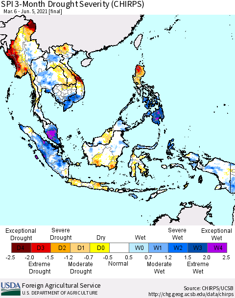 South East Asia SPI 3-Month Drought Severity (CHIRPS) Thematic Map For 3/6/2021 - 6/5/2021