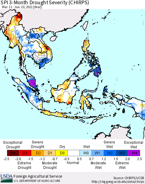 South East Asia SPI 3-Month Drought Severity (CHIRPS) Thematic Map For 3/11/2021 - 6/10/2021