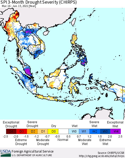 South East Asia SPI 3-Month Drought Severity (CHIRPS) Thematic Map For 3/16/2021 - 6/15/2021