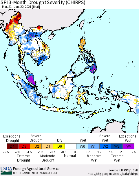 South East Asia SPI 3-Month Drought Severity (CHIRPS) Thematic Map For 3/21/2021 - 6/20/2021