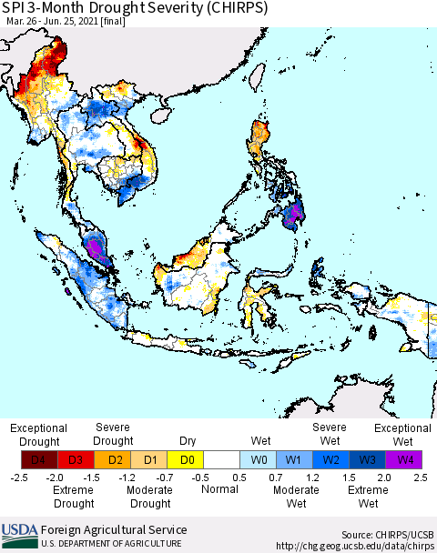 South East Asia SPI 3-Month Drought Severity (CHIRPS) Thematic Map For 3/26/2021 - 6/25/2021